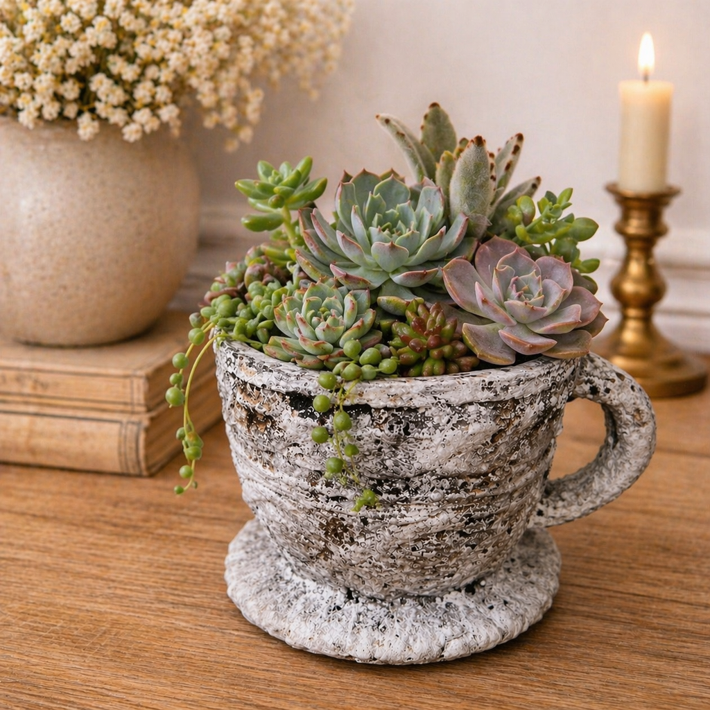 Cement Rustic Tea Cup Planter