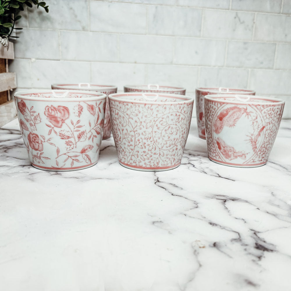 Mini Pink Hand-Painted Porcelain Cachepots Set Of 6 Decorative Planters