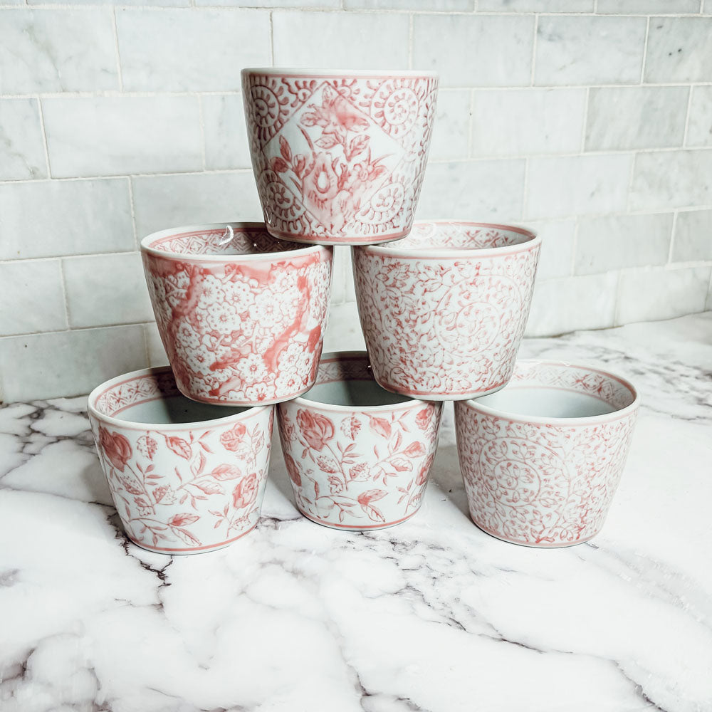 Mini Pink Hand-Painted Porcelain Cachepots Set Of 6 Decorative Planters