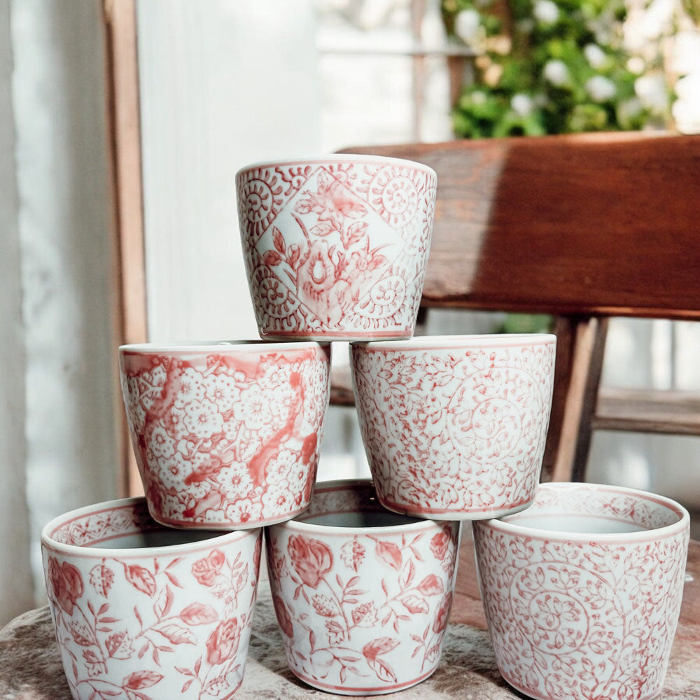 Mini Pink Hand-Painted Porcelain Cachepots Set Of 6 Decorative Planters