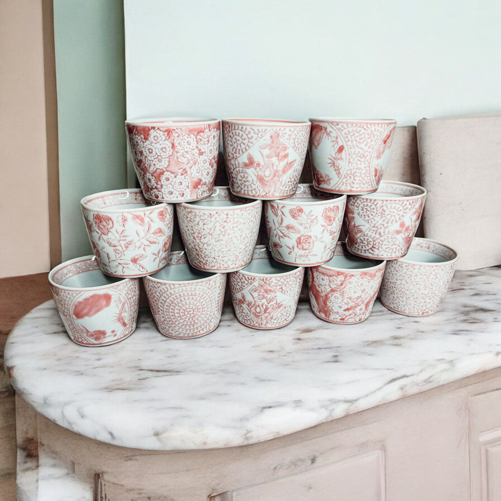 Mini Pink Hand-Painted Porcelain Cachepots Set Of 6 Decorative Planters