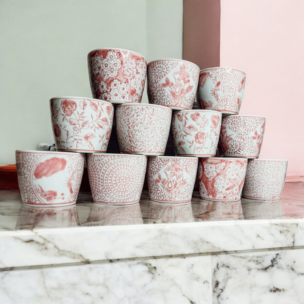 Mini Pink Hand-Painted Porcelain Cachepots Set Of 6 Decorative Planters
