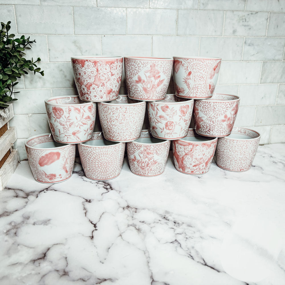 Mini Pink Hand-Painted Porcelain Cachepots Set Of 6 Decorative Planters