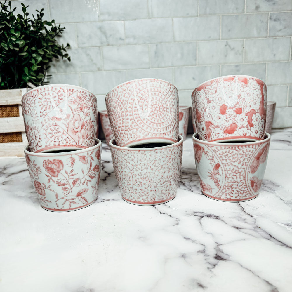 Mini Pink Hand-Painted Porcelain Cachepots Set Of 6 Decorative Planters