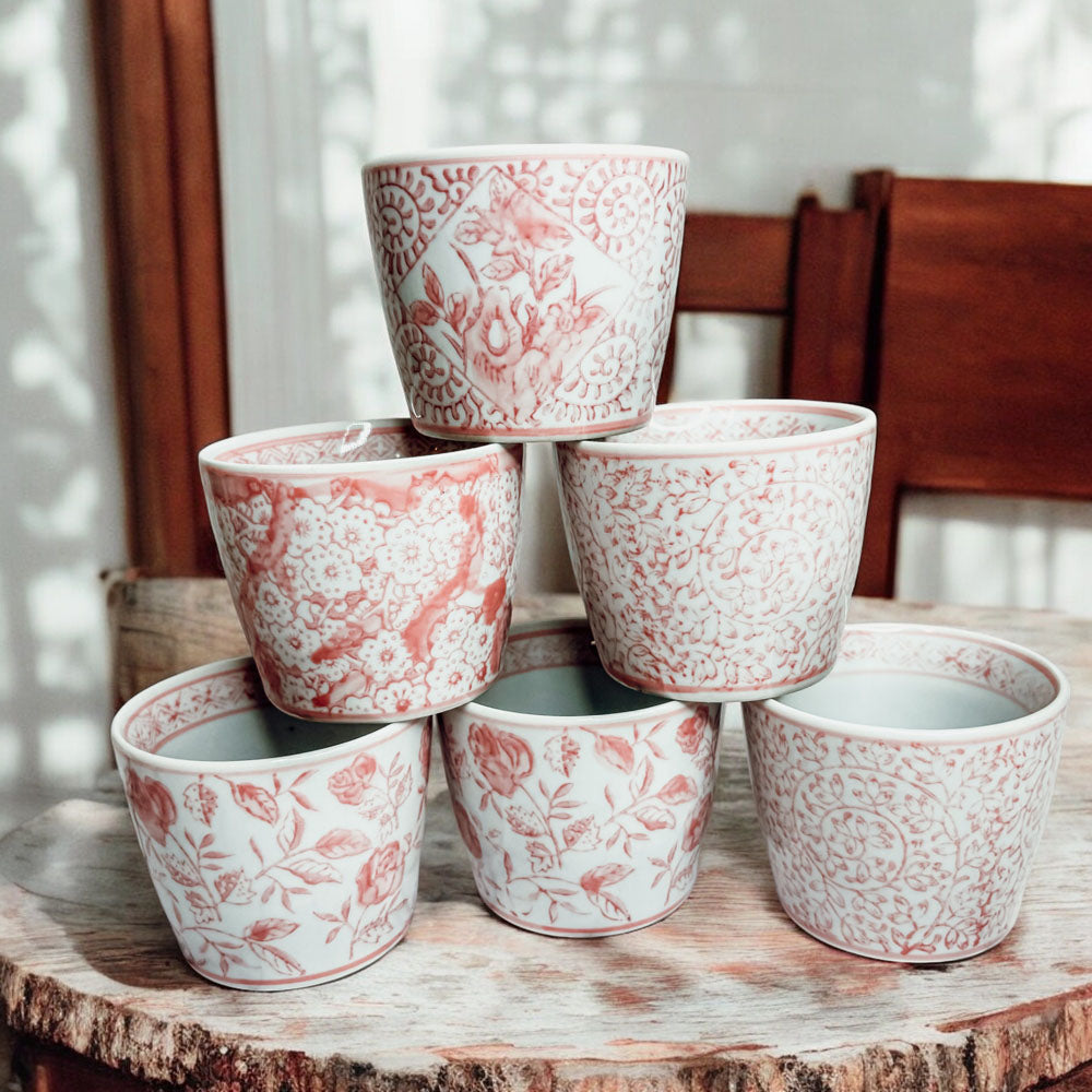 Mini Pink Hand-Painted Porcelain Cachepots Set Of 6 Decorative Planters