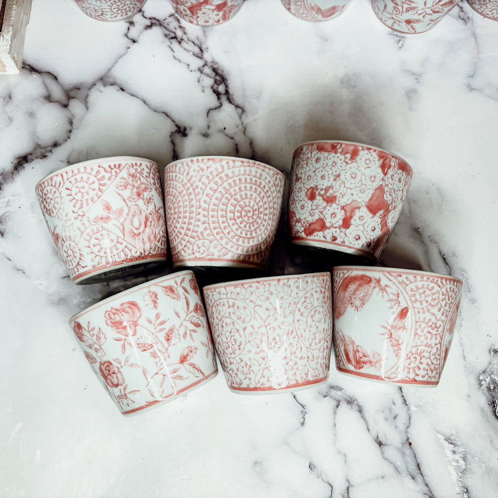 Mini Pink Hand-Painted Porcelain Cachepots Set Of 6 Decorative Planters