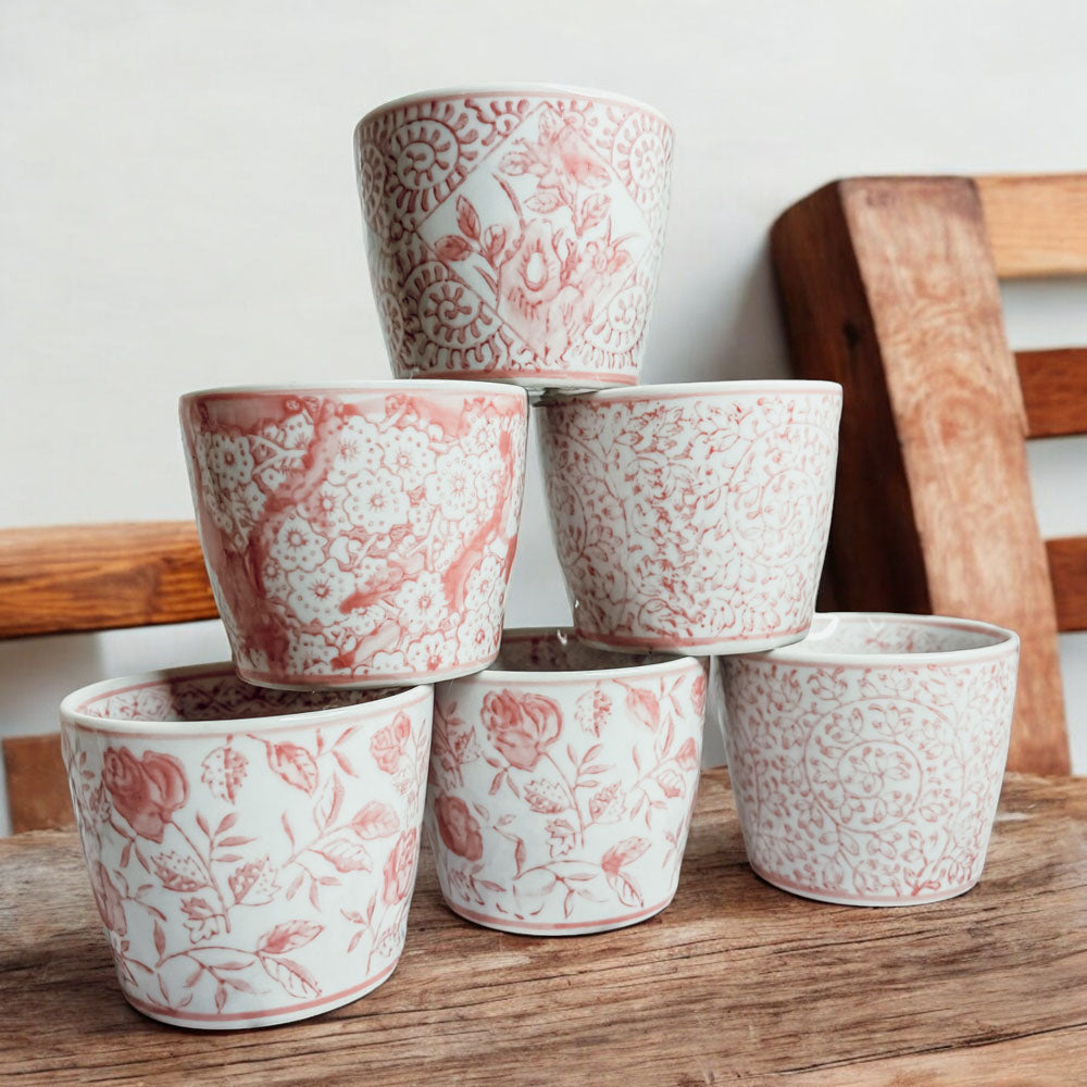 Mini Pink Hand-Painted Porcelain Cachepots Set Of 6 Decorative Planters