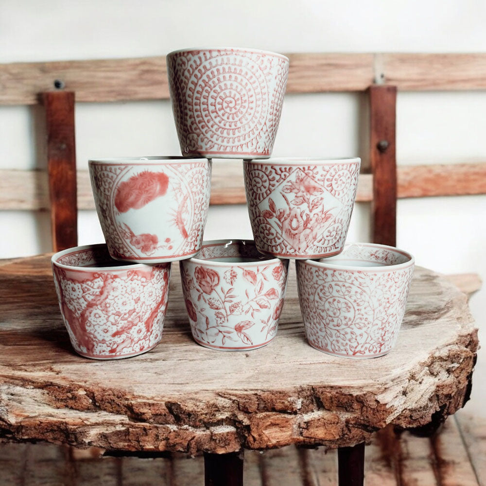 Mini Pink Hand-Painted Porcelain Cachepots Set Of 6 Decorative Planters
