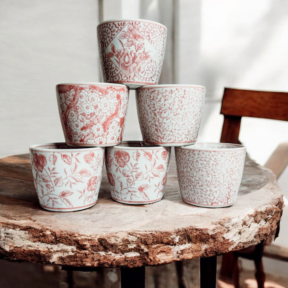 Mini Pink Hand-Painted Porcelain Cachepots Set Of 6 Decorative Planters