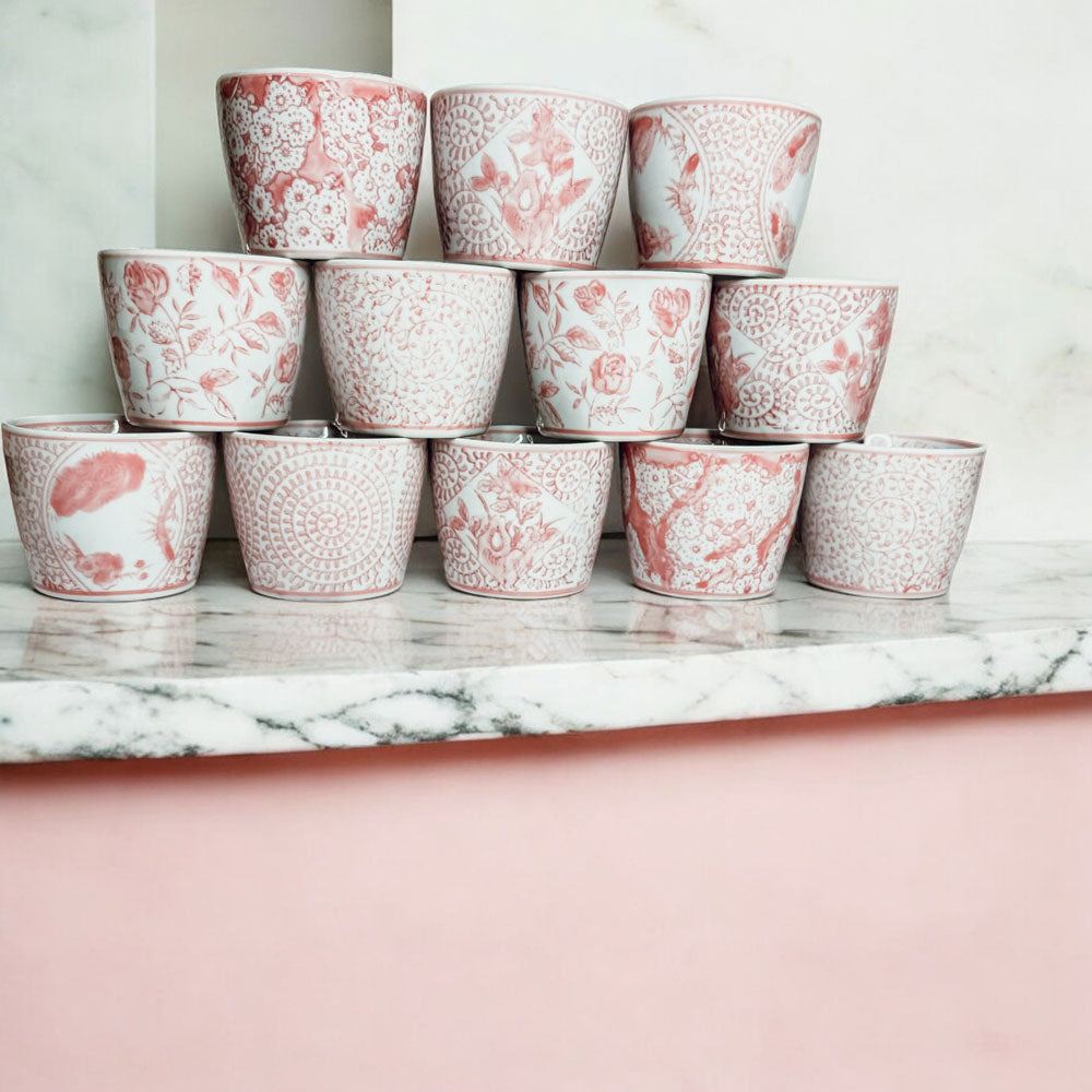 Mini Pink Hand-Painted Porcelain Cachepots Set Of 6 Decorative Planters