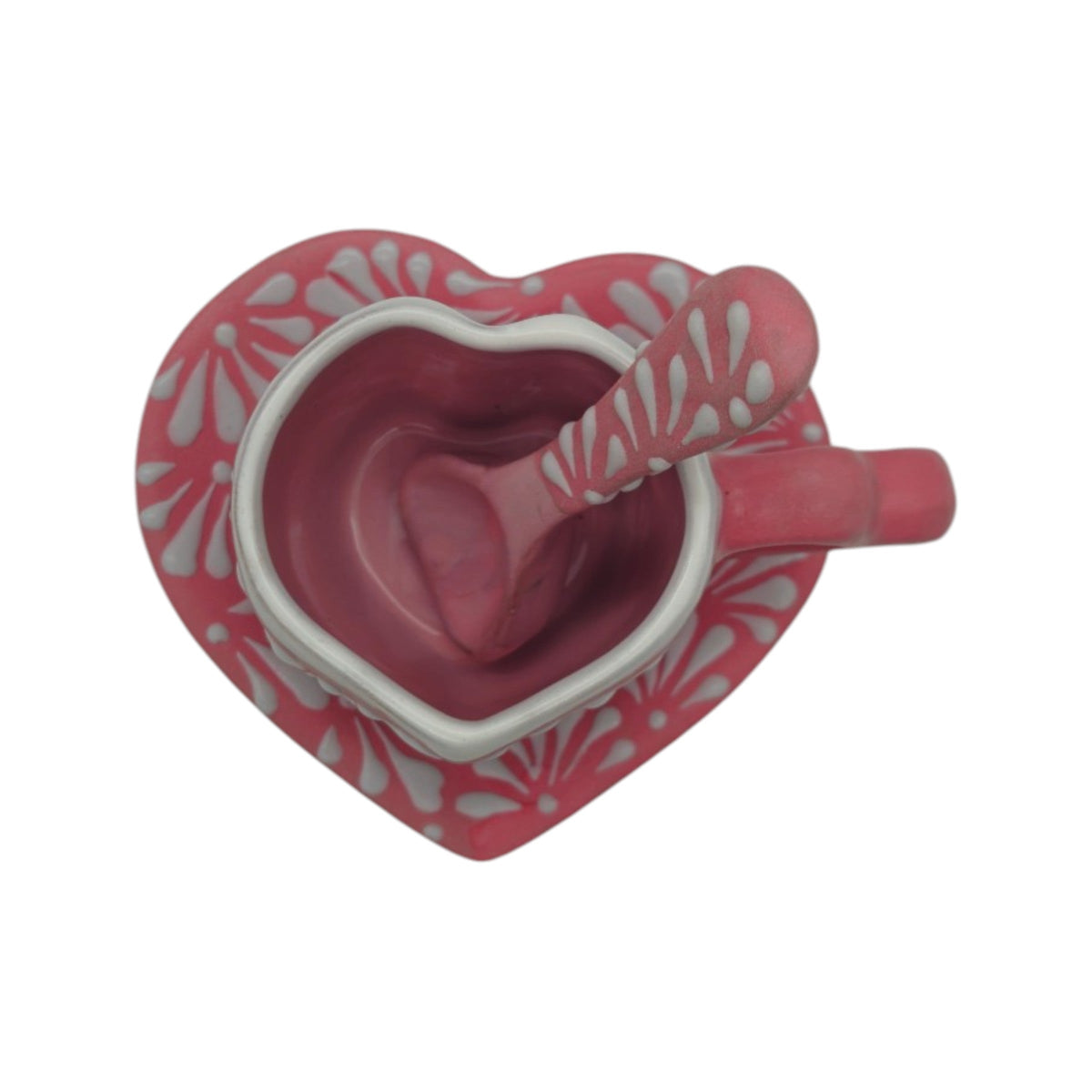 Pink Talavera Heart Mug Set | Plate, Spoon & Floral Design